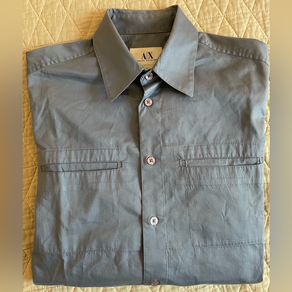 ARMANI‎ EXCHANGE Point Collar Slit Pocket Cotton Sport Shirt in Blue Size S